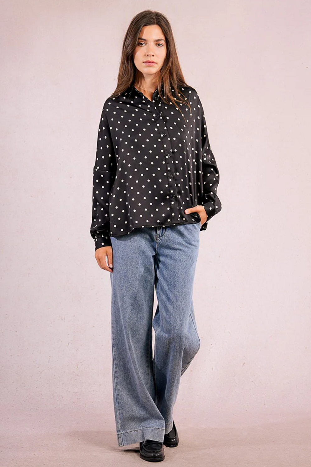 トップス room306 Random Dot Volume Tops Black Polka Dot Asymmetrical One Shoulder Top | Lime Lush Boutique