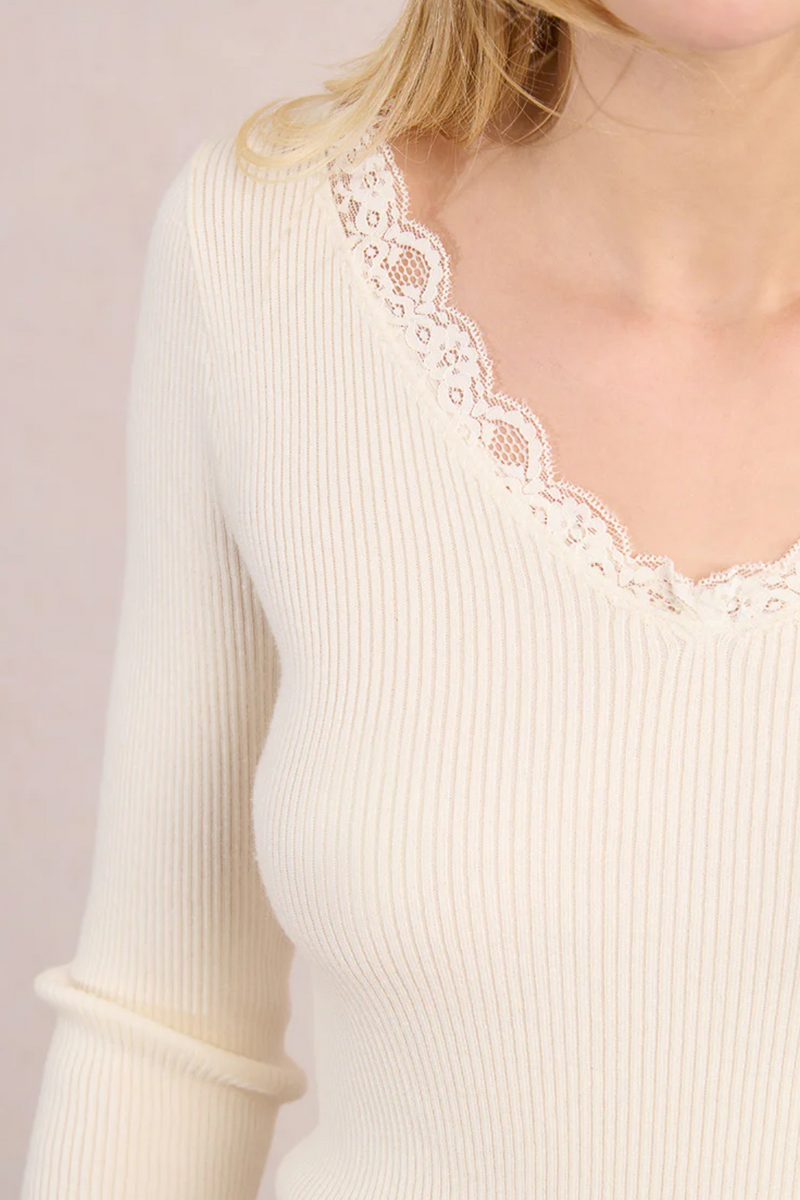Off White Long Sleeve Lace Detail Neck Knit Top