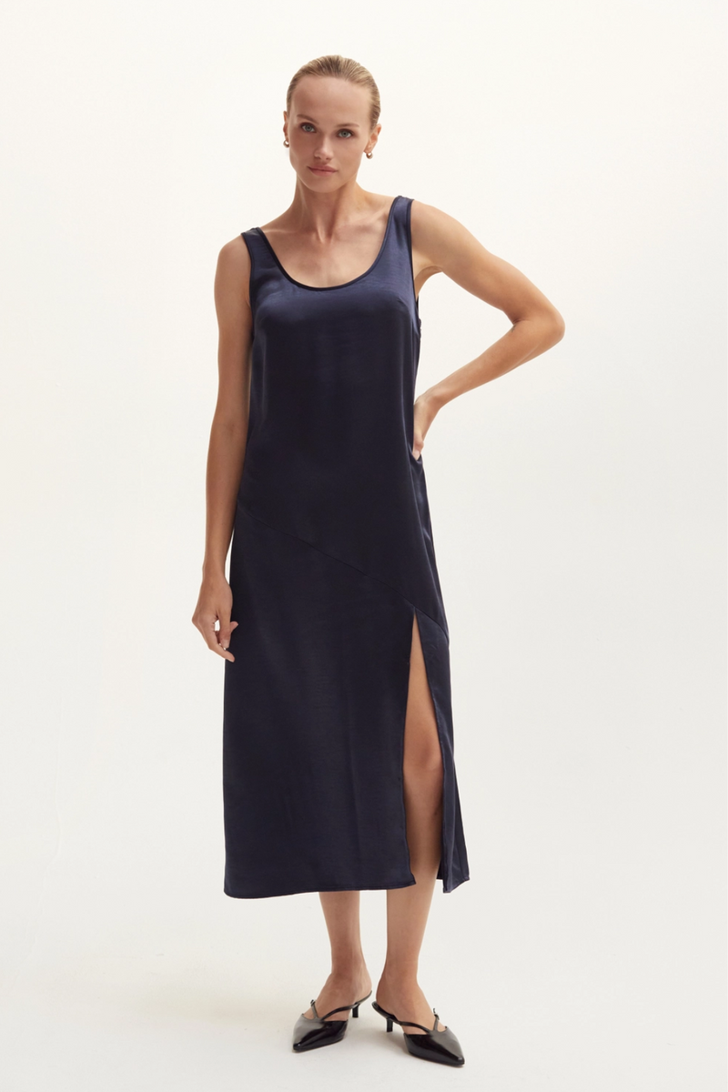 Navy Derin Sleeveless Satin Dress