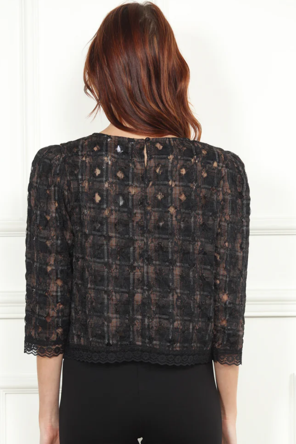 Black Plaid Lace Top with Flower Detail – April Blooms