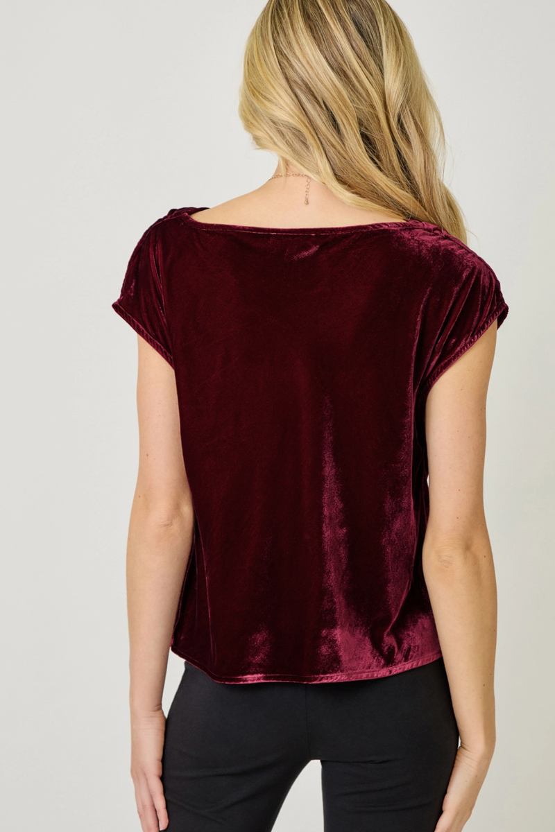 Wine Velvet Cowl Neck Short Sleeve Top