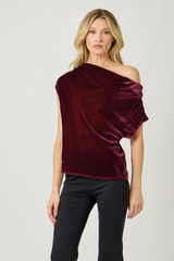 Wine Velvet Cowl Neck Short Sleeve Top