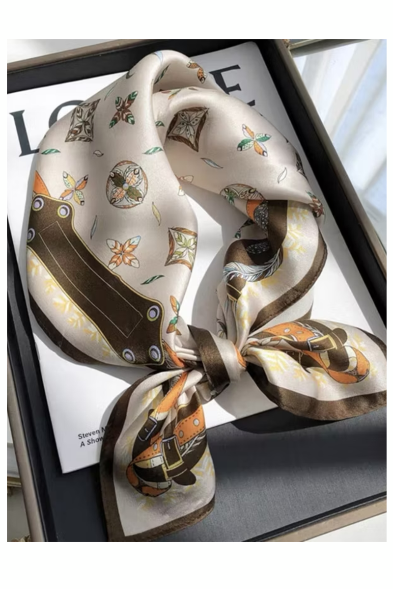 Brown Anna-Kaci Elegant Satin Square Scarf Artistic Print