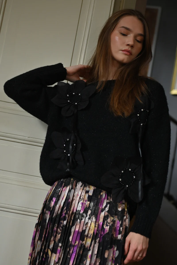 Black Embossed Flower Detail Long Sleeve Sweater