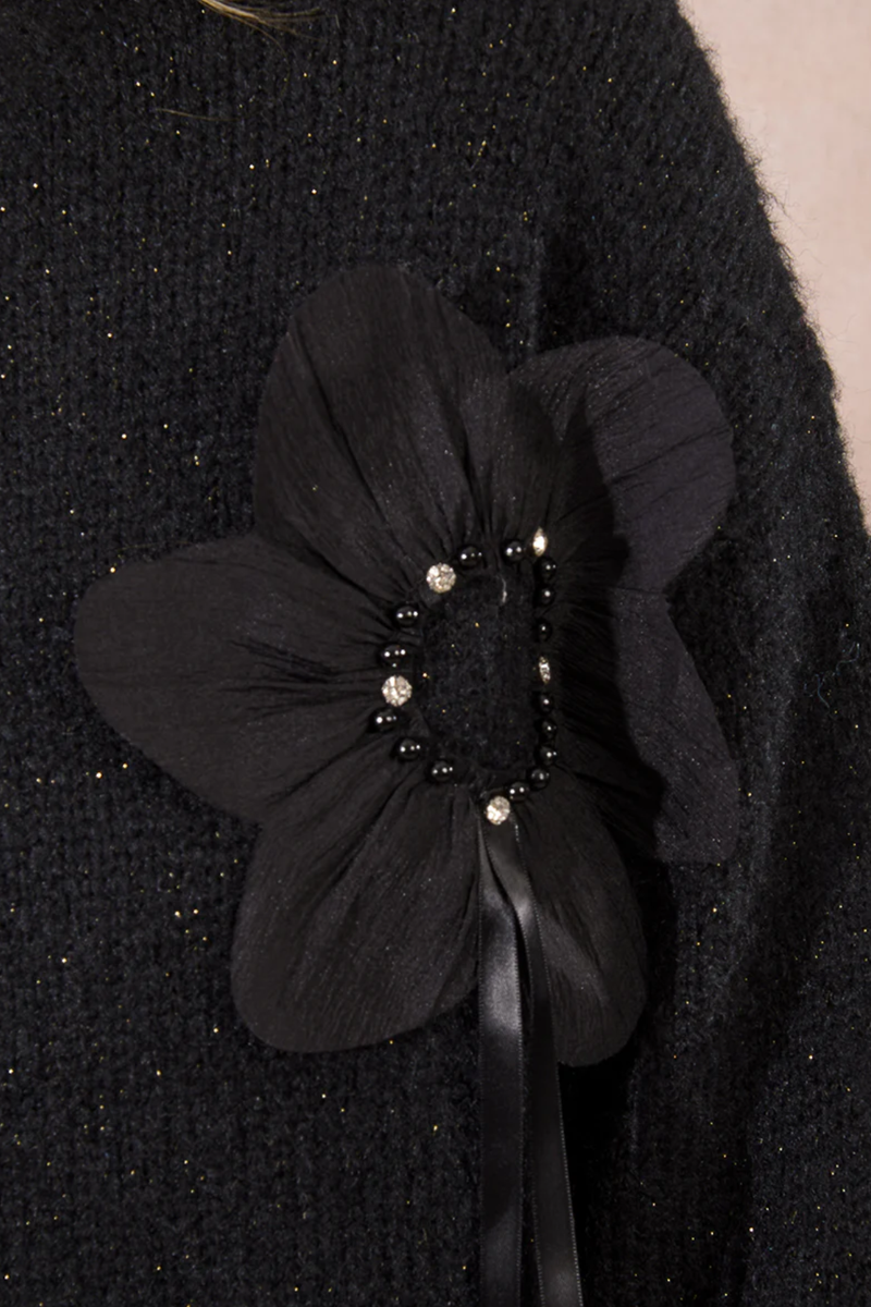 Black Embossed Flower Detail Long Sleeve Sweater