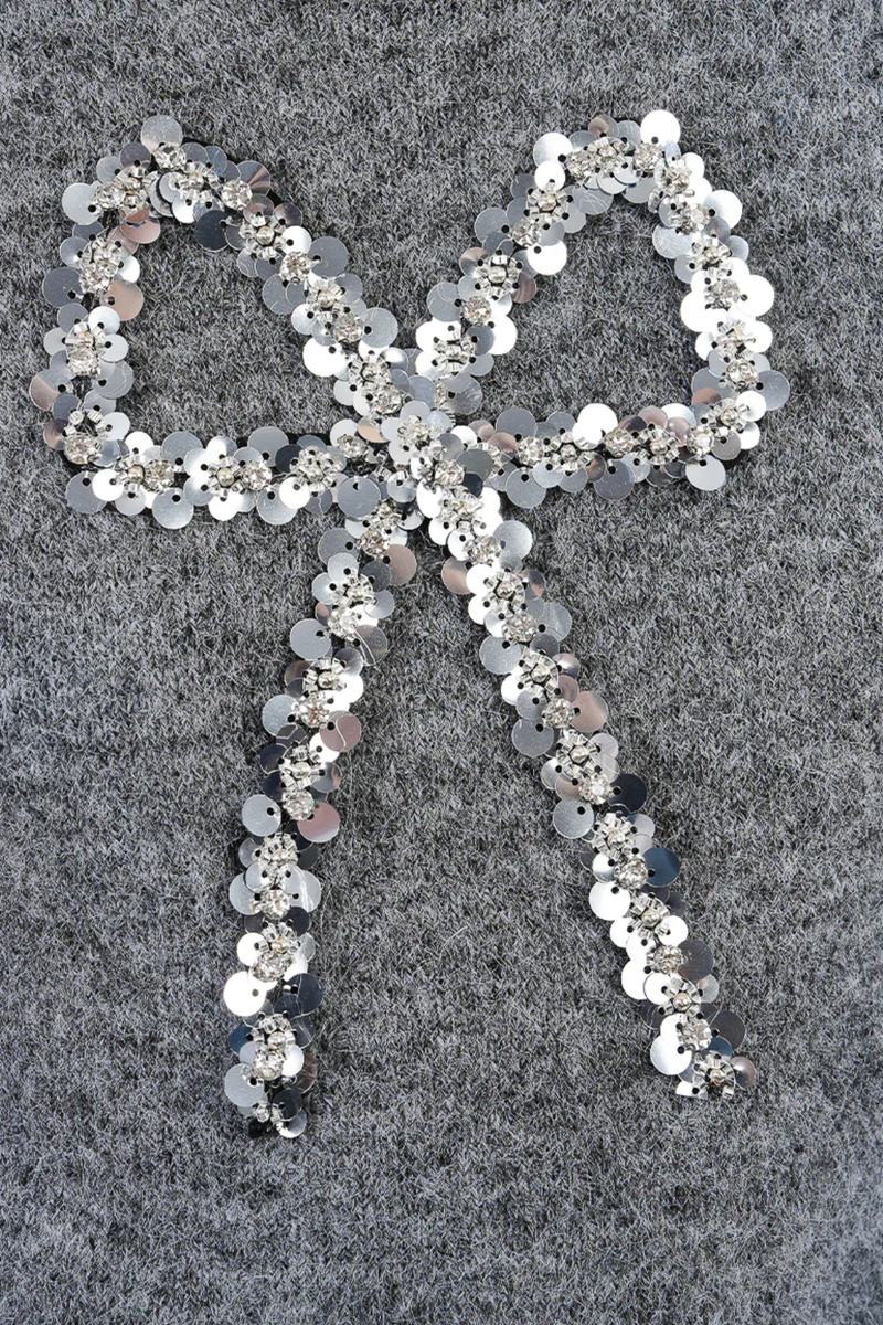 Grey Knit Short Sleeve Sweater with Embossed Bow