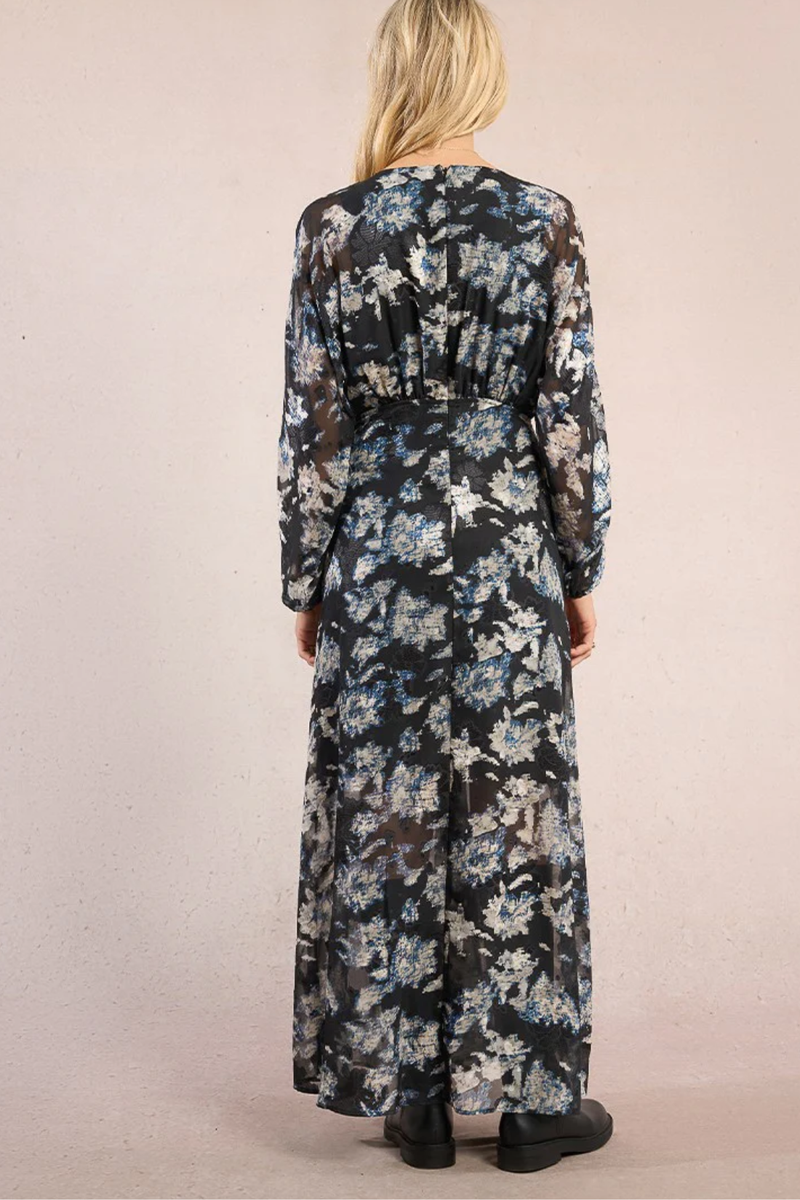 Black and Blue Floral Print Long Sleeve Dress
