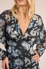 Black and Blue Floral Print Long Sleeve Dress