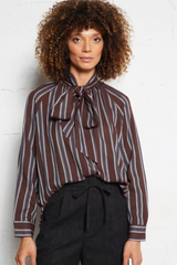 Brown and Blue Stripe Tie Front Long Sleeve Top