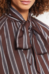 Brown and Blue Stripe Tie Front Long Sleeve Top