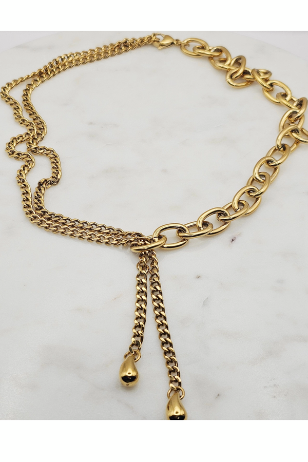 Lariat Style Three Layered Gold Necklace w/ Teardrops
