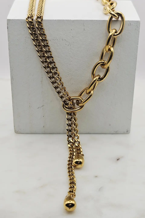 Lariat Style Three Layered Gold Necklace w/ Teardrops
