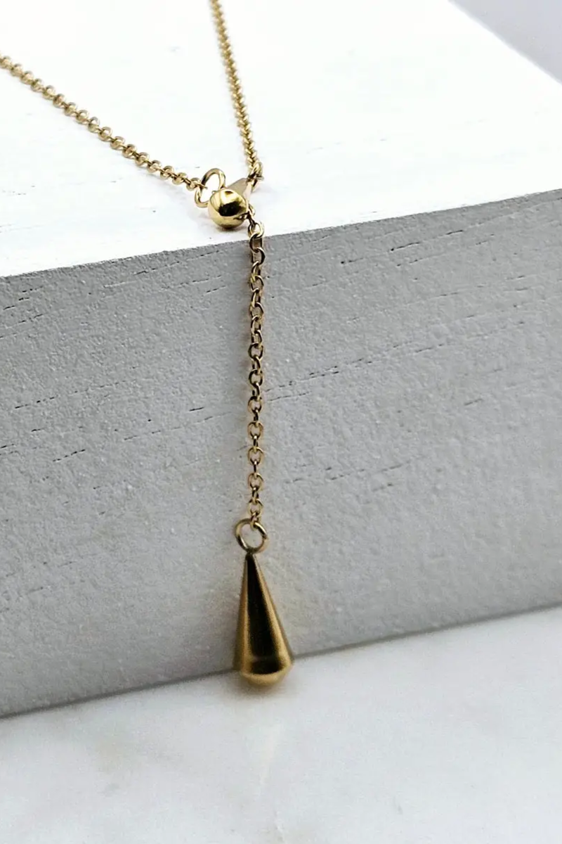 Lariat Style Gold Necklace w/ Droplet Pendant