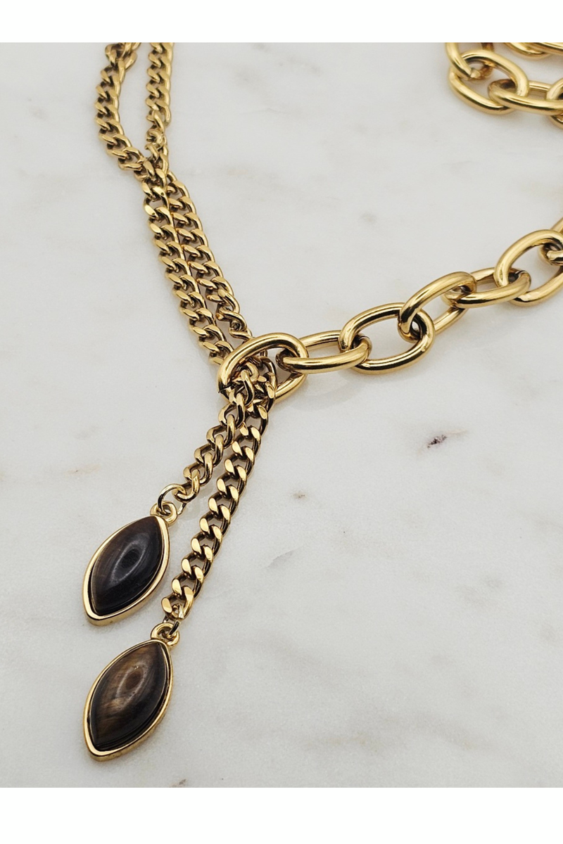 Lariat Style Gold Necklace w/ Tiger Eye Stones