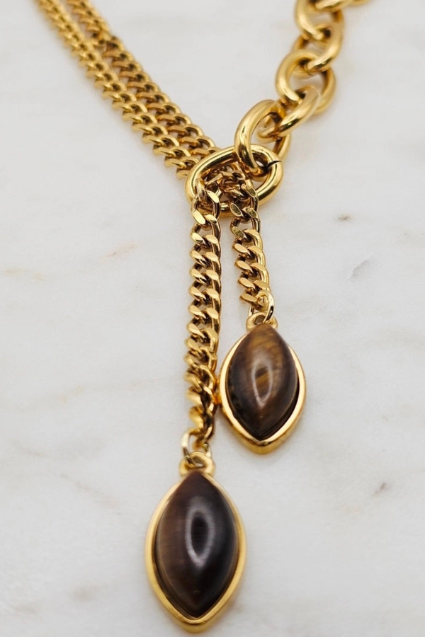 Lariat Style Gold Necklace w/ Tiger Eye Stones