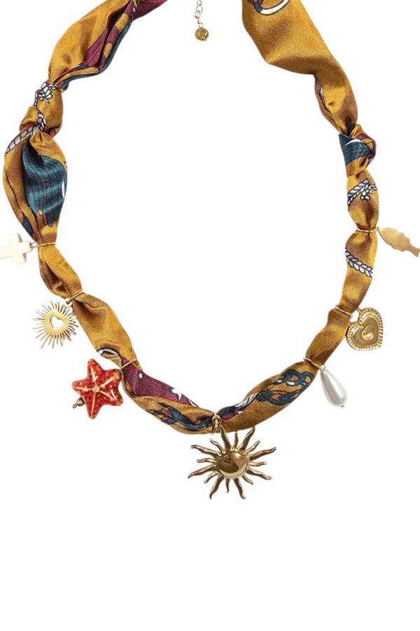 Gold Scarf Necklace with Sunburst