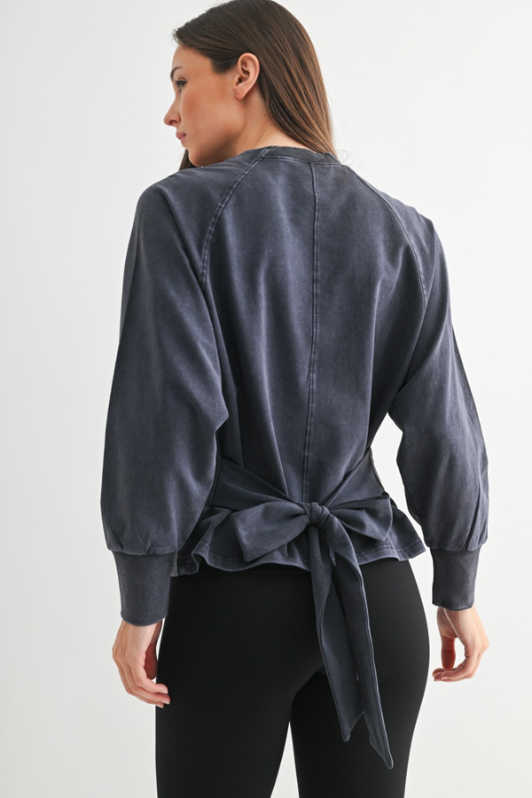 Deep Navy Open Sky Mineral Wash Tie Back Long Sleeve Top