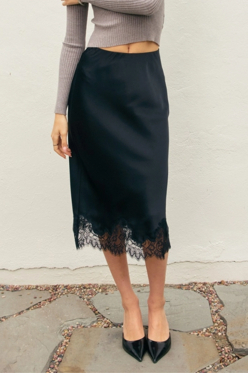 Navy Dull Satin Lace Hem Pencil Skirt