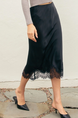 Navy Dull Satin Lace Hem Pencil Skirt