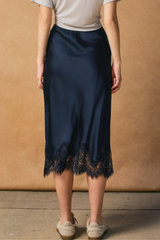 Navy Dull Satin Lace Hem Pencil Skirt