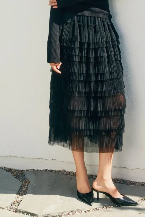 Black Micro Pleat Maxi Slip Skirt