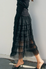 Black Micro Pleat Maxi Slip Skirt