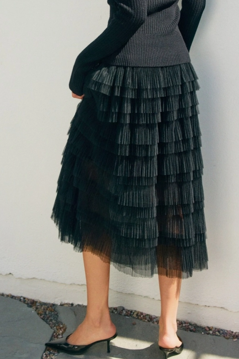 Black Micro Pleat Maxi Slip Skirt