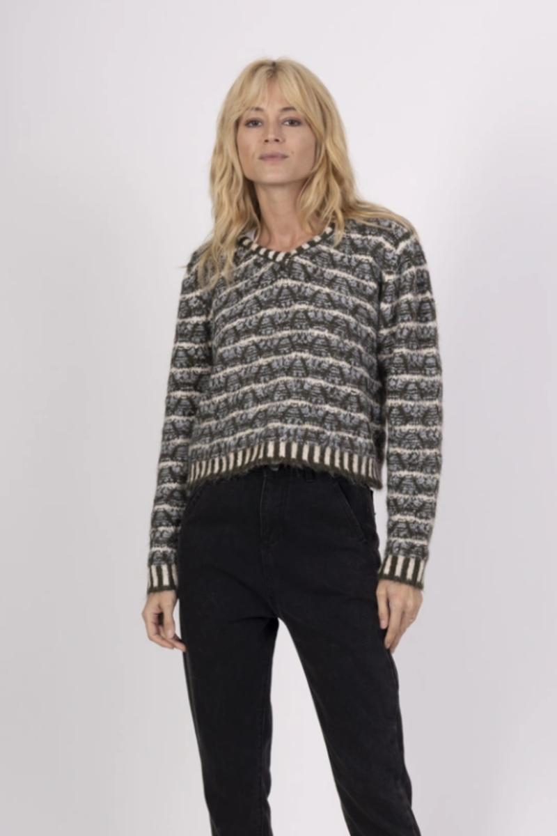 Olive/White/Blue Stripe V-Neck Long Sleeve Sweater