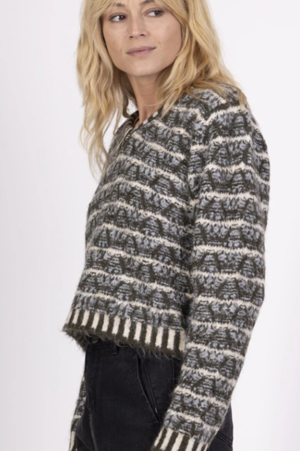 Olive/White/Blue Stripe V-Neck Long Sleeve Sweater