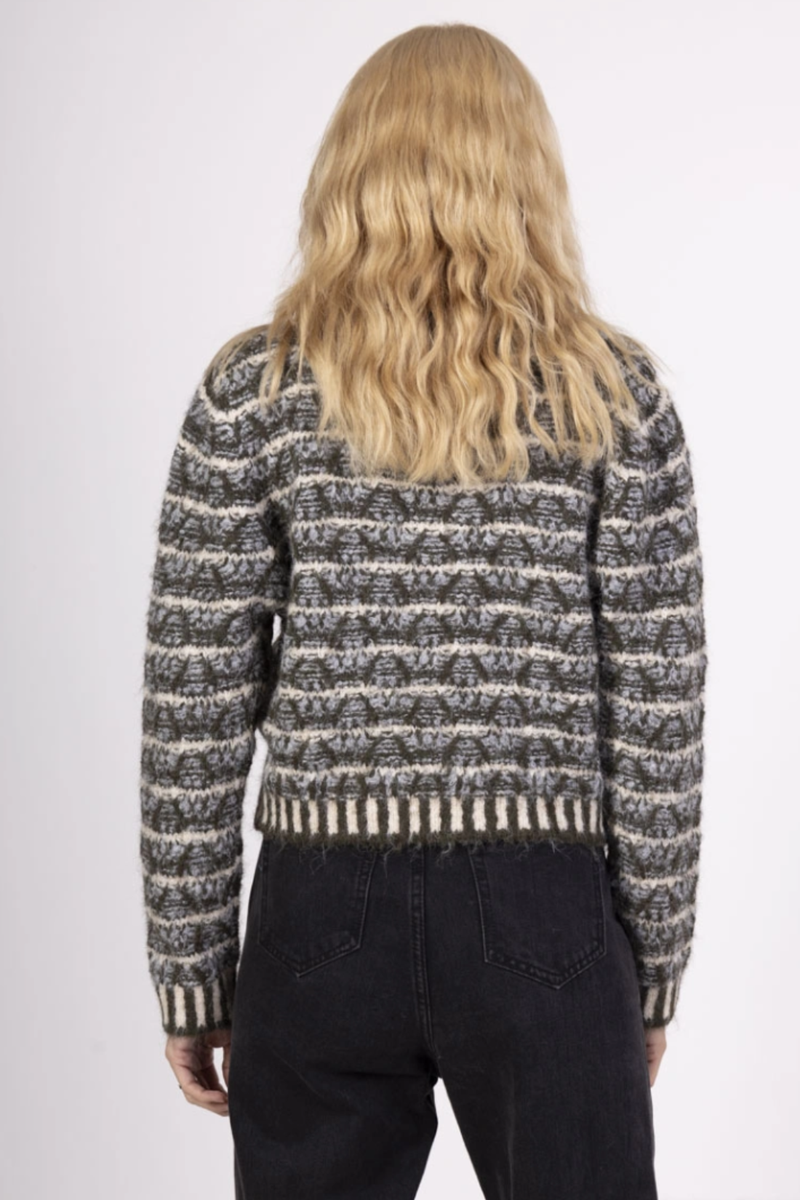 Olive/White/Blue Stripe V-Neck Long Sleeve Sweater