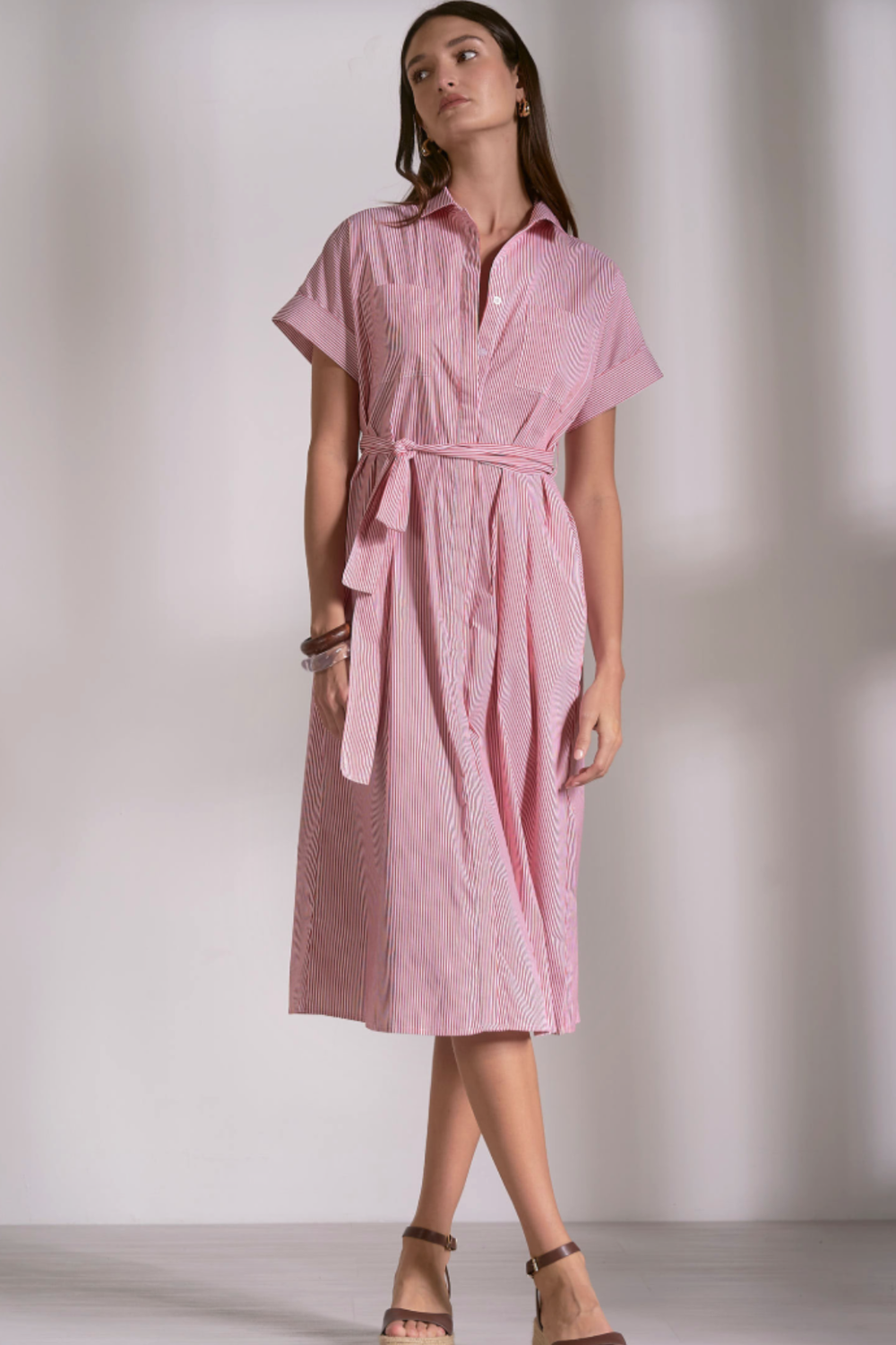 open lace back dress Red Stripe Short Sleeve Midi Dress M / Red