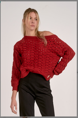 Red Off the Shoulder Long Sleeve Sweater