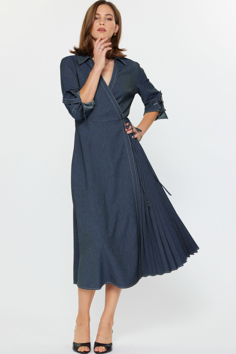 Denim Blue Long Sleeve Wrap Dress S / Denim / 76.6% Polyester 18.3% Rayon 5.1S% pandex