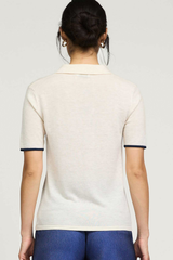 Cream U-Shape Polo Short Sleeve Knit Top