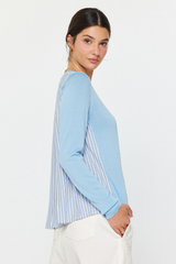 Light Blue Crewneck with Stripe Pleated Woven Back with Rhinestones