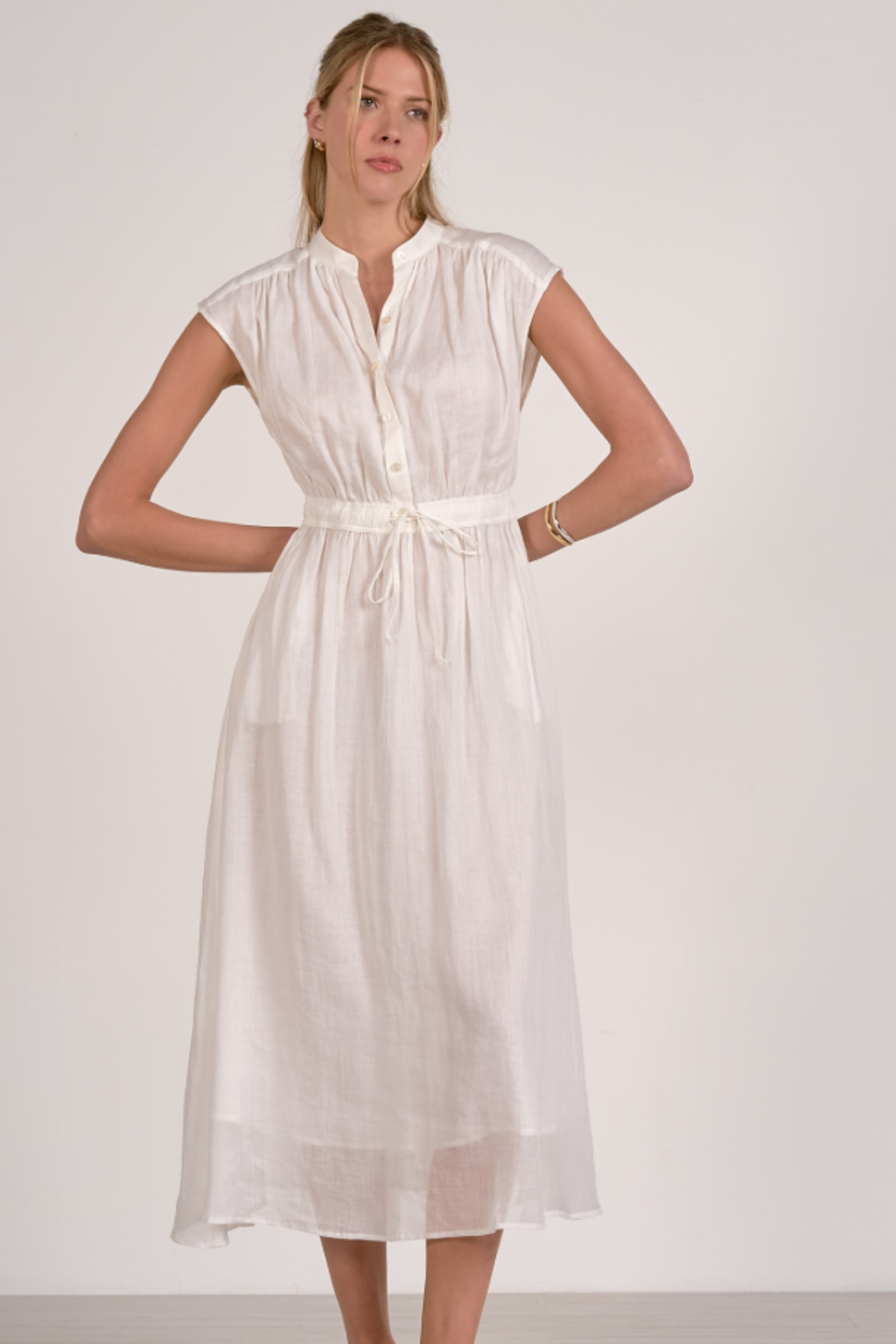 white tie waist midi dress Tie-waist Linen dress MIAMI in White