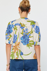 Floral Print Split Neck Button Front Short Sleeve Top