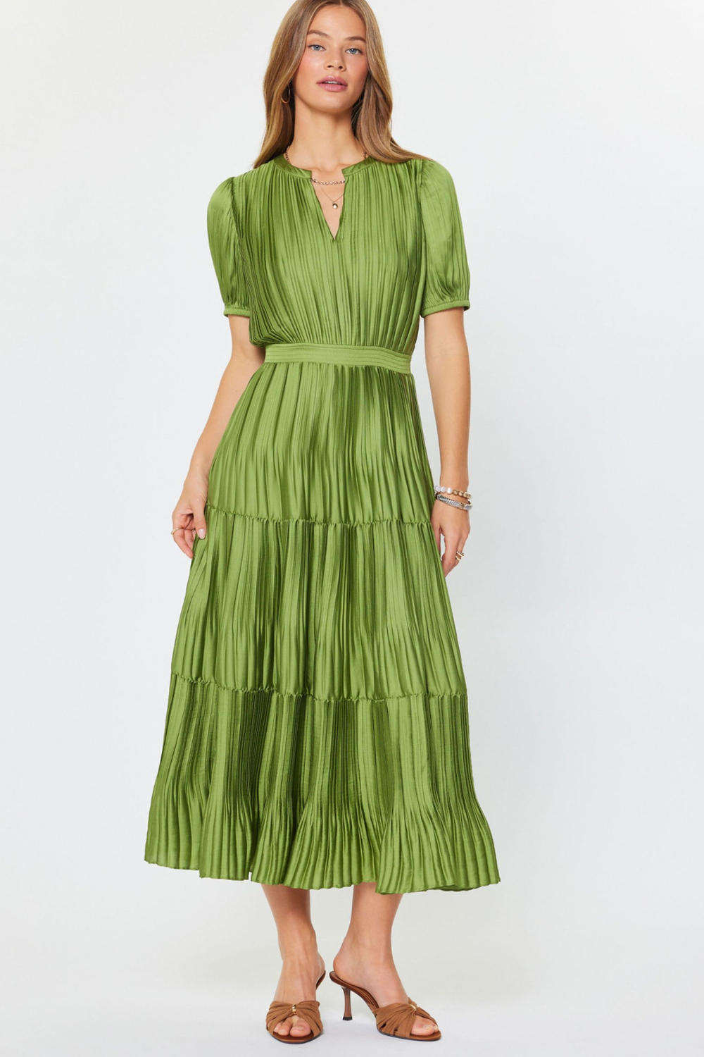 Chartreuse Short Sleeve Round Split Neck Pleated Maxi Dress April Blooms Chartreuse Short Sleeve Round Split Neck Pleated Maxi Dress April Blooms