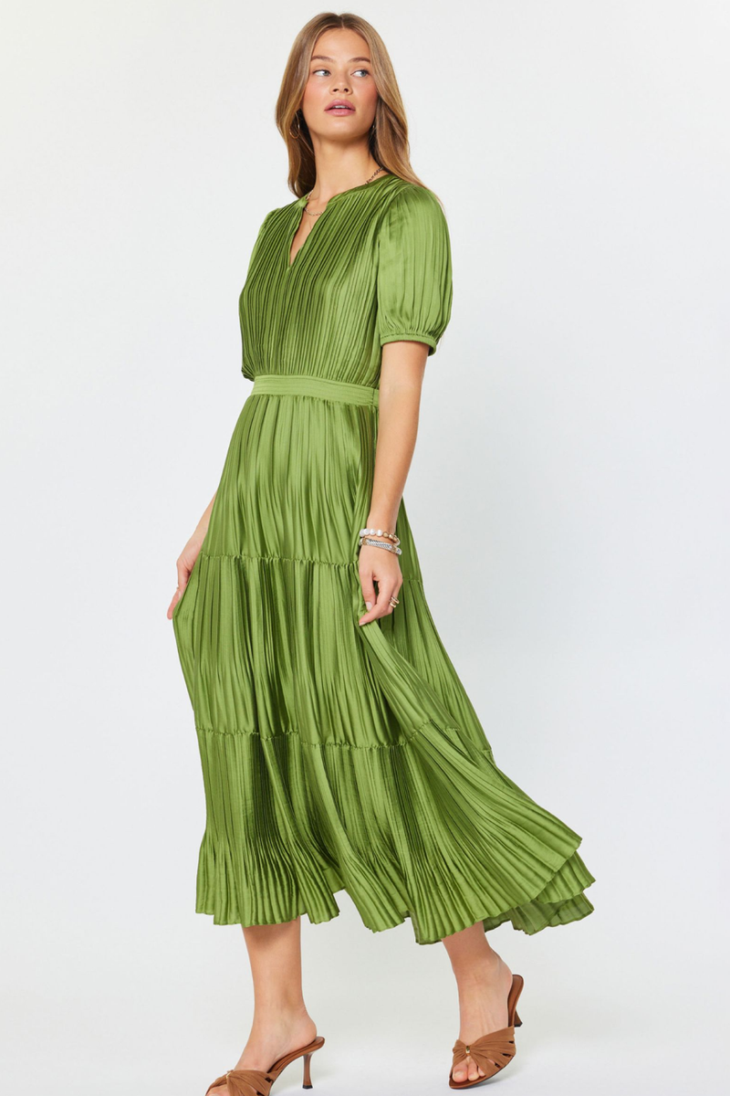 Chartreuse Short Sleeve Round Split Neck Pleated Maxi Dress L / Chartreuse / 100% Polyester
