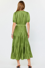 Chartreuse Short Sleeve Round Split Neck Pleated Maxi Dress