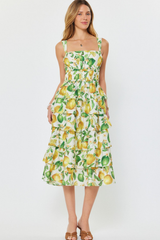 Lemon Print Square Neck Sleeveles Tiered Midi Dress