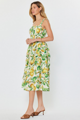 Lemon Print Square Neck Sleeveles Tiered Midi Dress