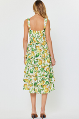 Lemon Print Square Neck Sleeveles Tiered Midi Dress