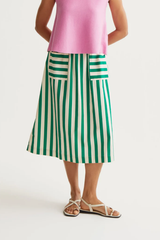 Bamboo Green Stripe Print Midi Skirt