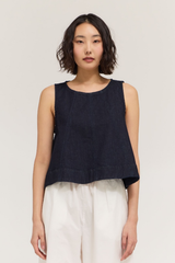 Deep Indigo Denim Sleeveless Flare Top