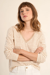 Off White and Beige Sailor V-Neck Top