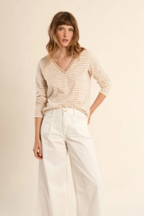 Off White and Beige Sailor V-Neck Top