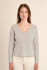 Off White and Navy V-Neck Sailor Long Sleeve Stripe Top
