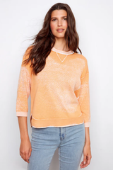 Apricot Reversed 3/4 Sleeve Knit Top with Curved Hem