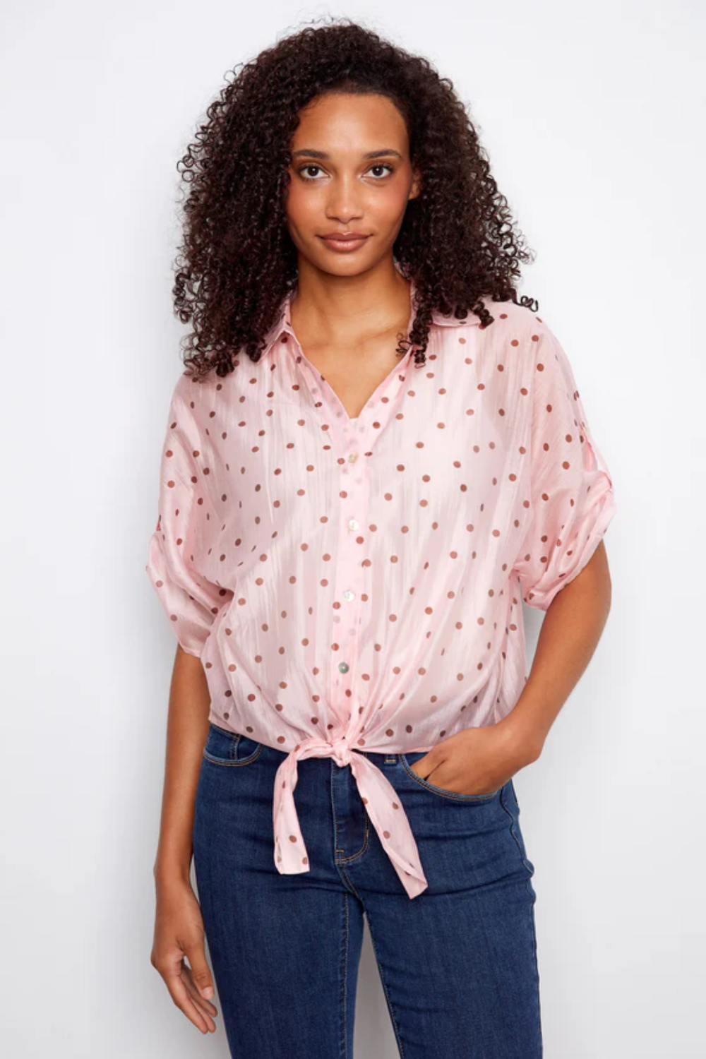 Peony Pink/Brown Polka Dot Front Tie Top – April Blooms